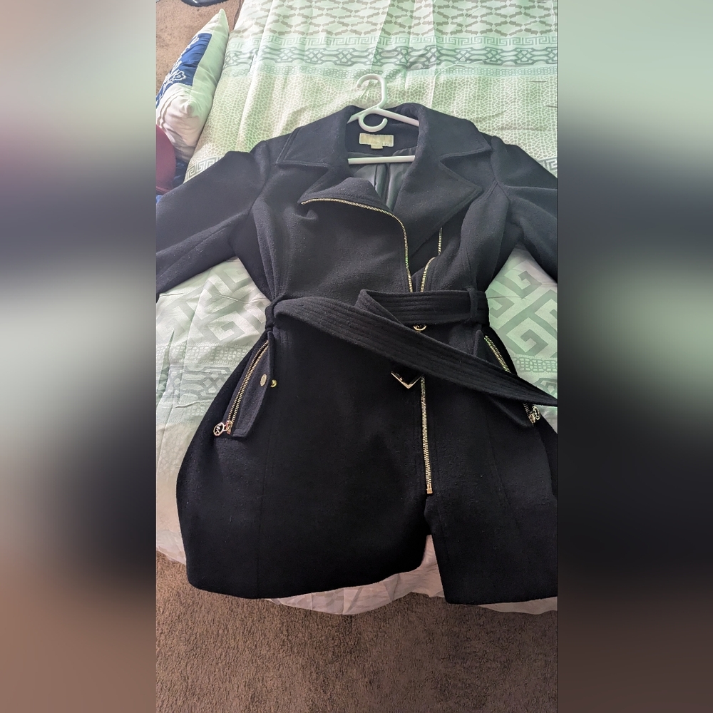 Michael Kors Black Trench Coat with Gold Accents